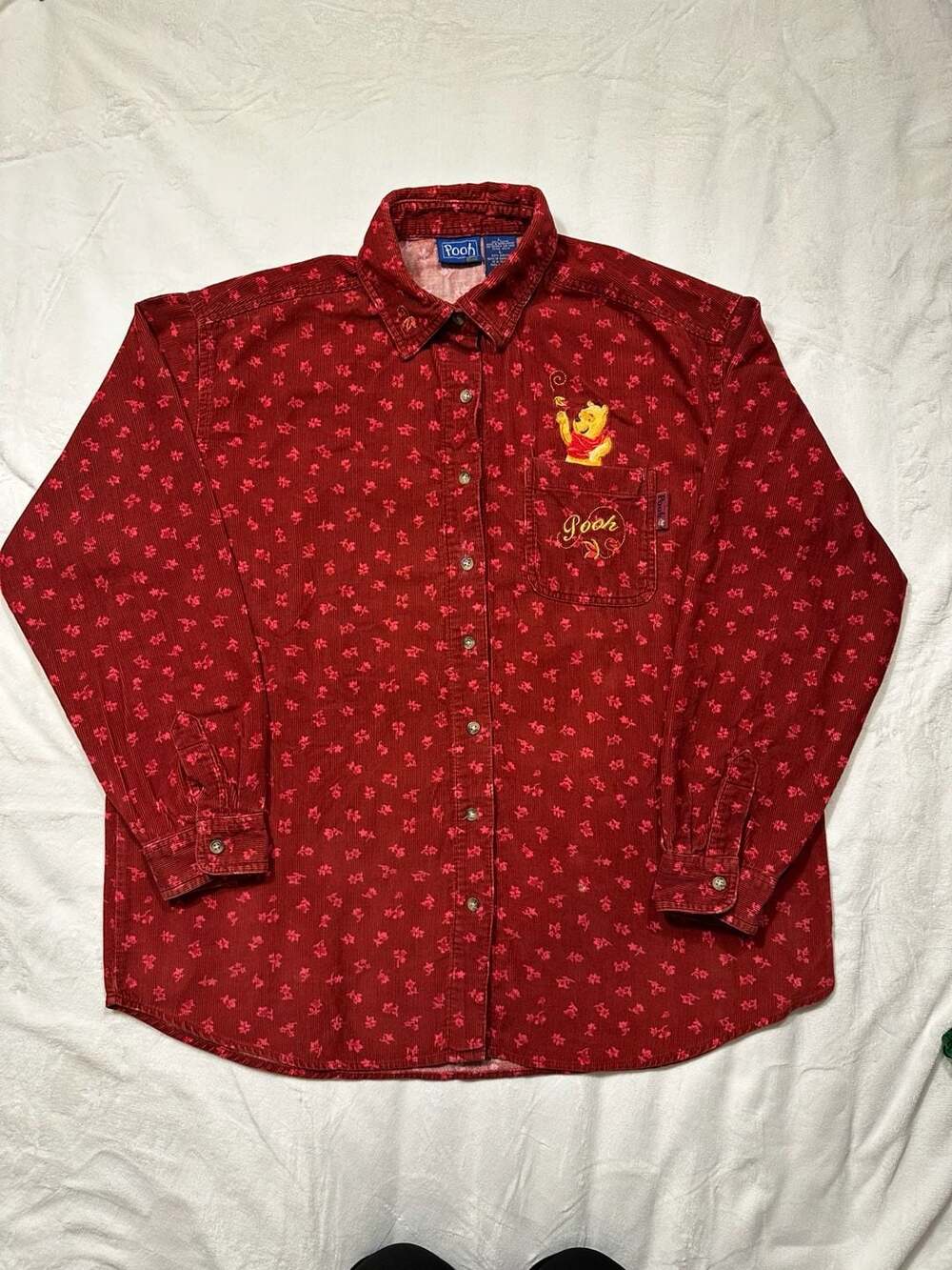 L Vintage Disney Winnie the Pooh Embroidered Red Corduroy Button-Down Shirt